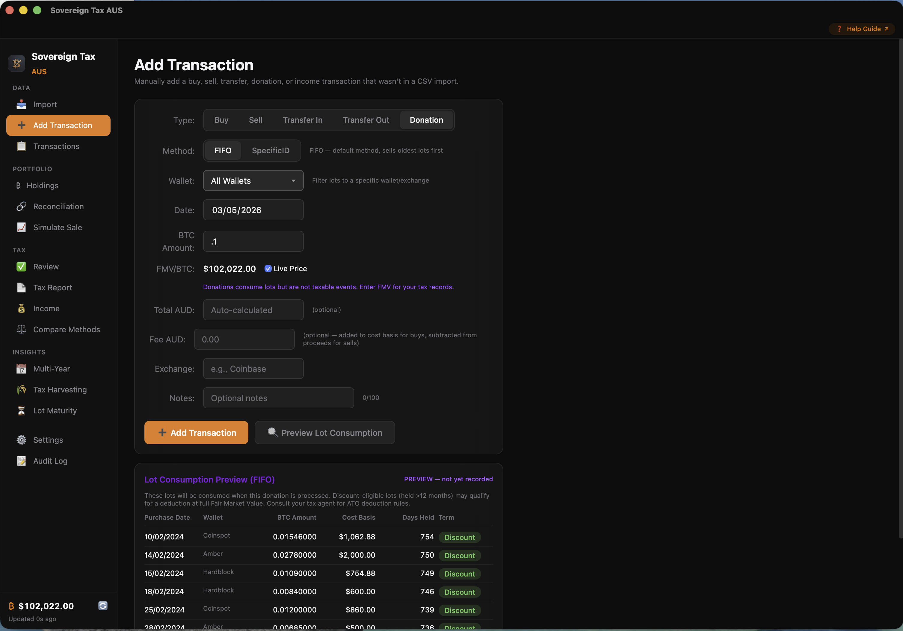 Add charitable Bitcoin donation with FMV tracking