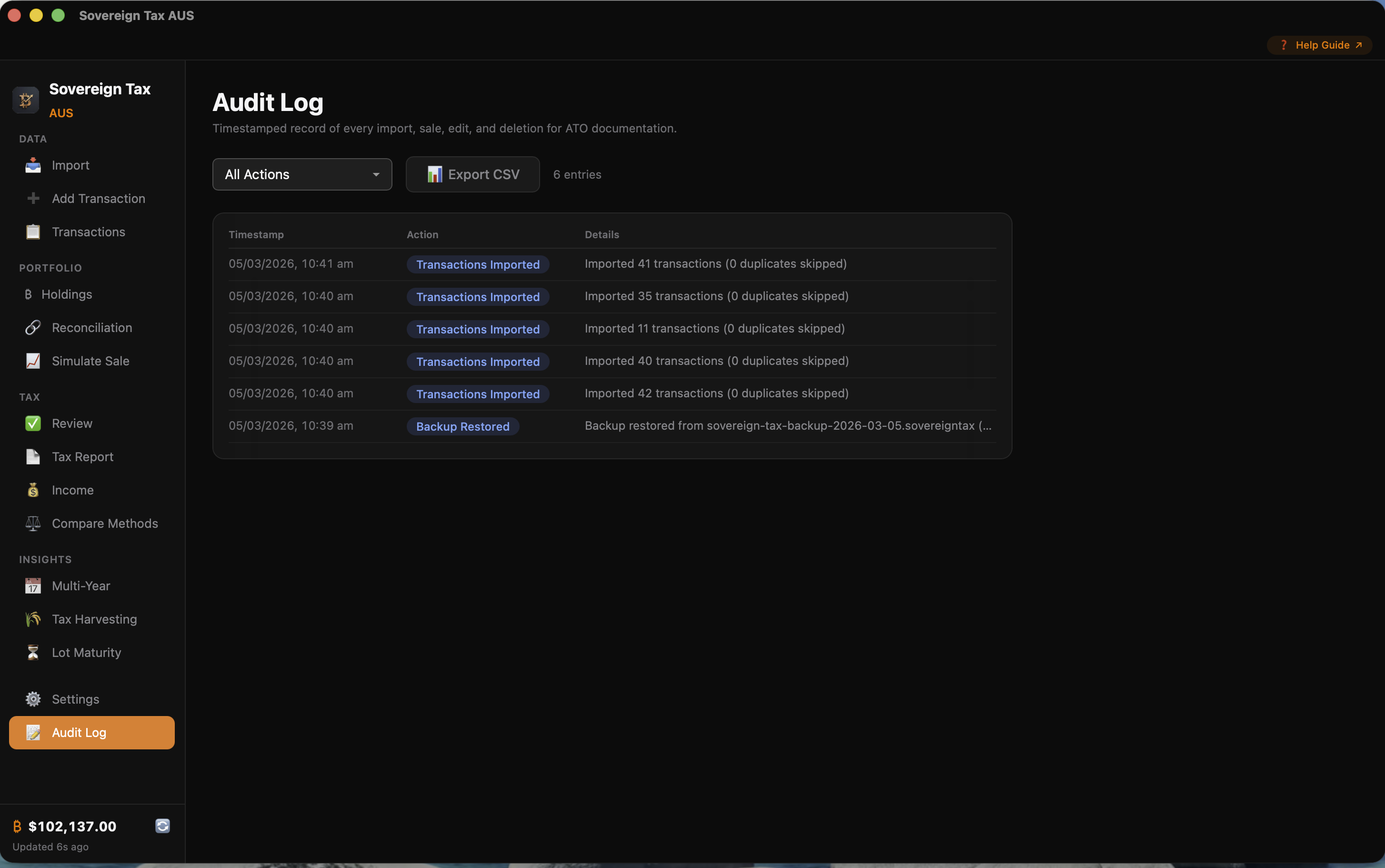 Audit Log with timestamped entries
