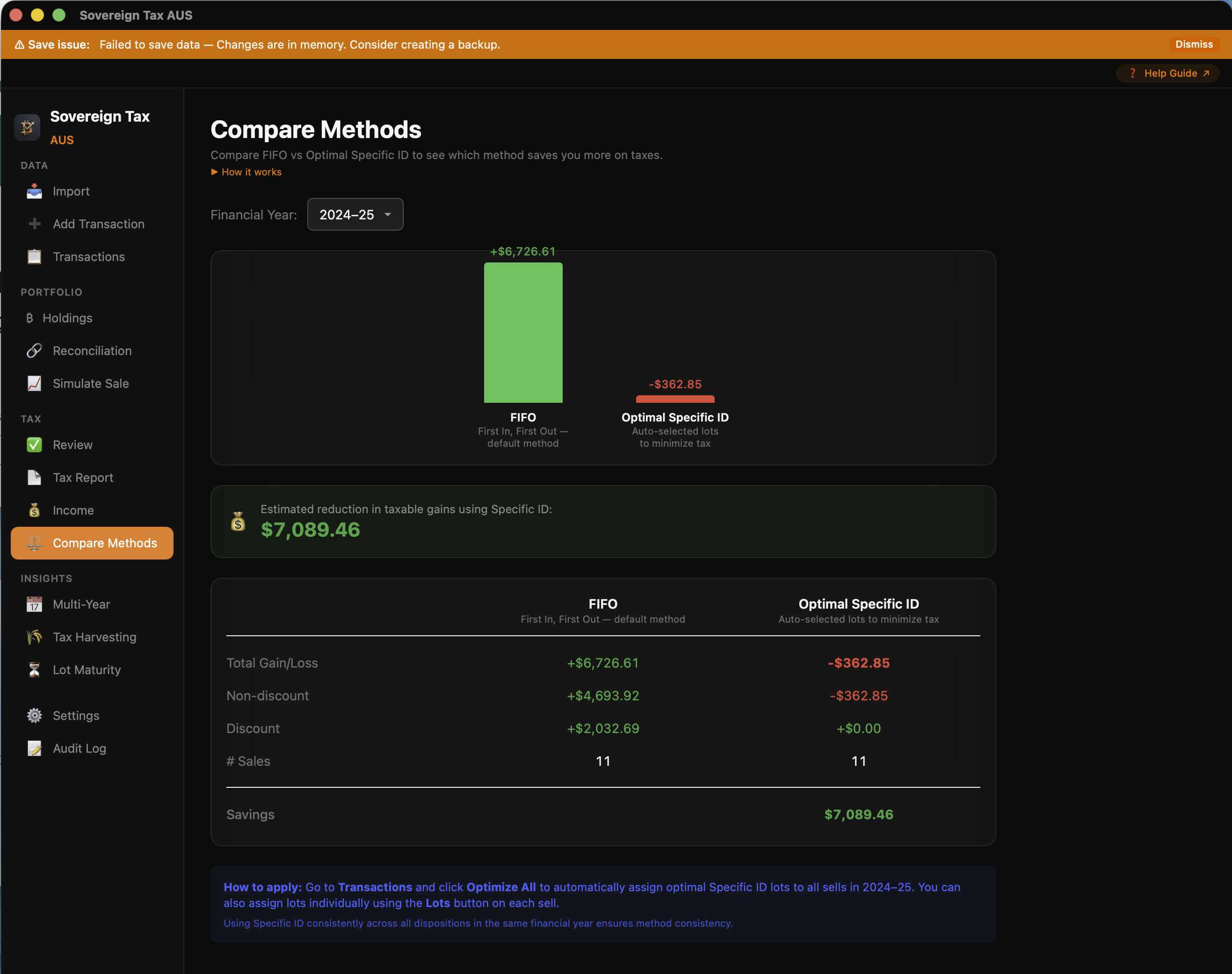 Compare Methods showing FIFO vs Specific ID savings