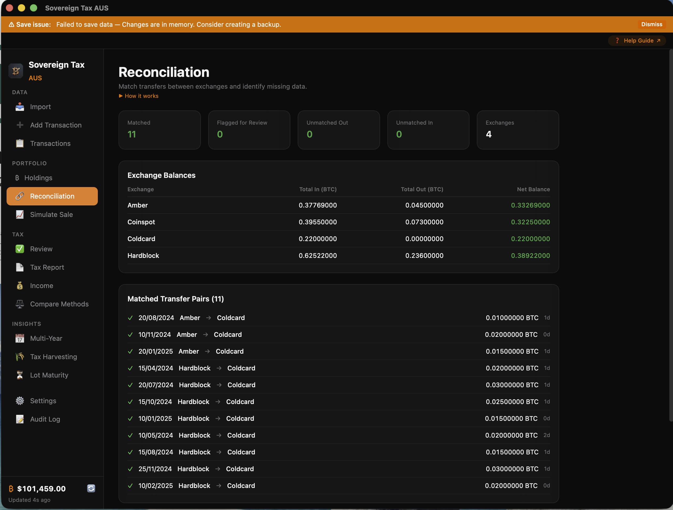 Reconciliation view with exchange balances and transfer matching