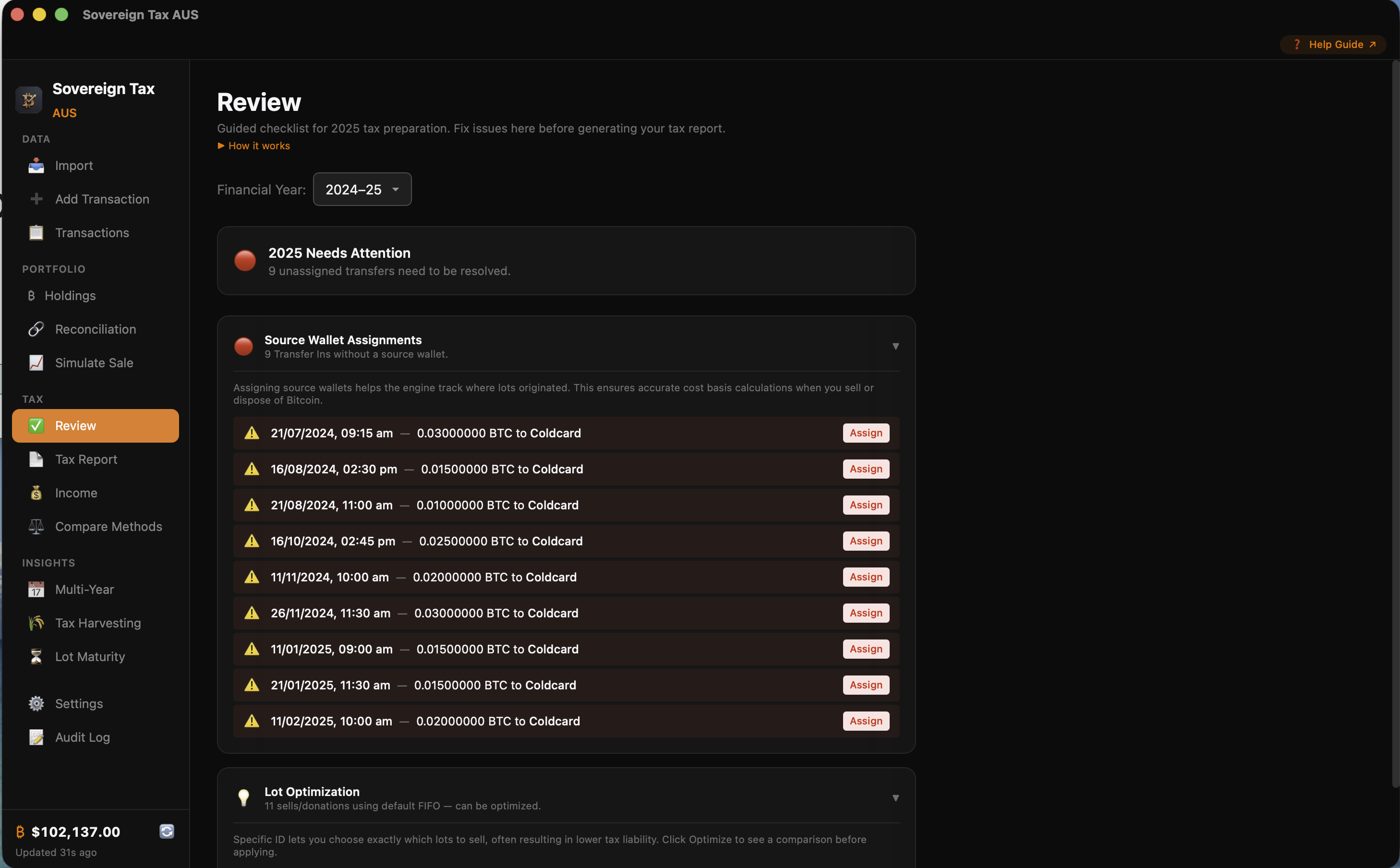 Review view showing unassigned transfers and wallet mismatches that need attention