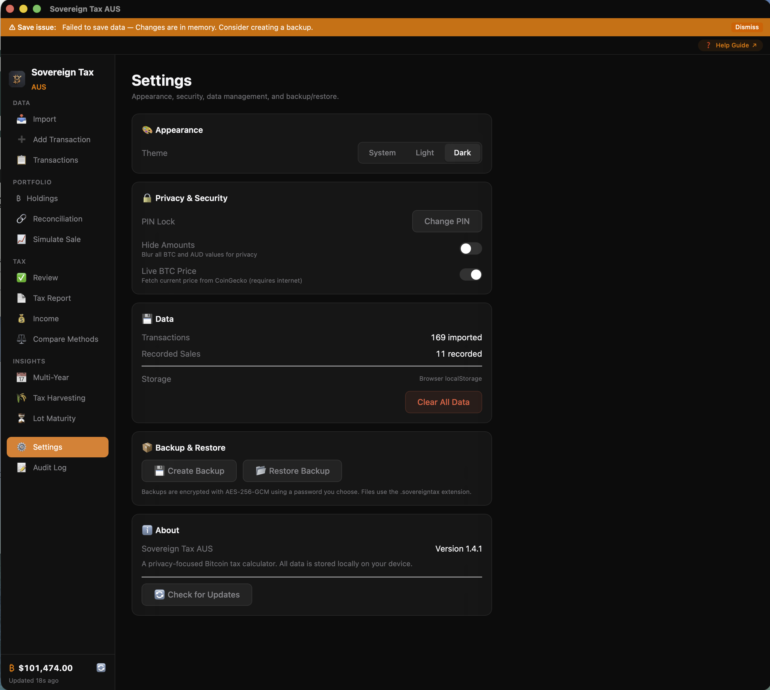 Settings view with theme, security, data, and backup options