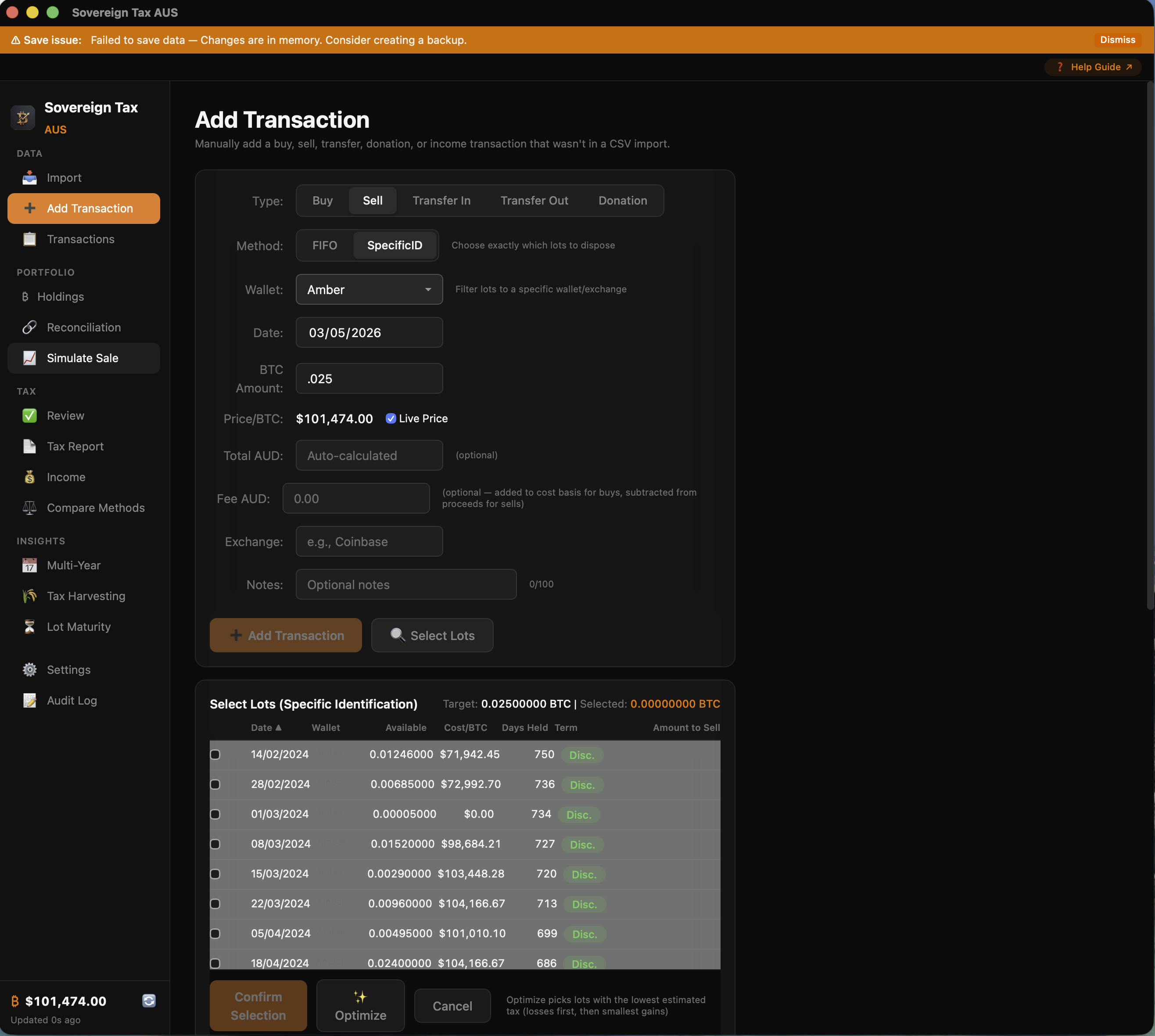 Specific ID lot picker with Optimize button