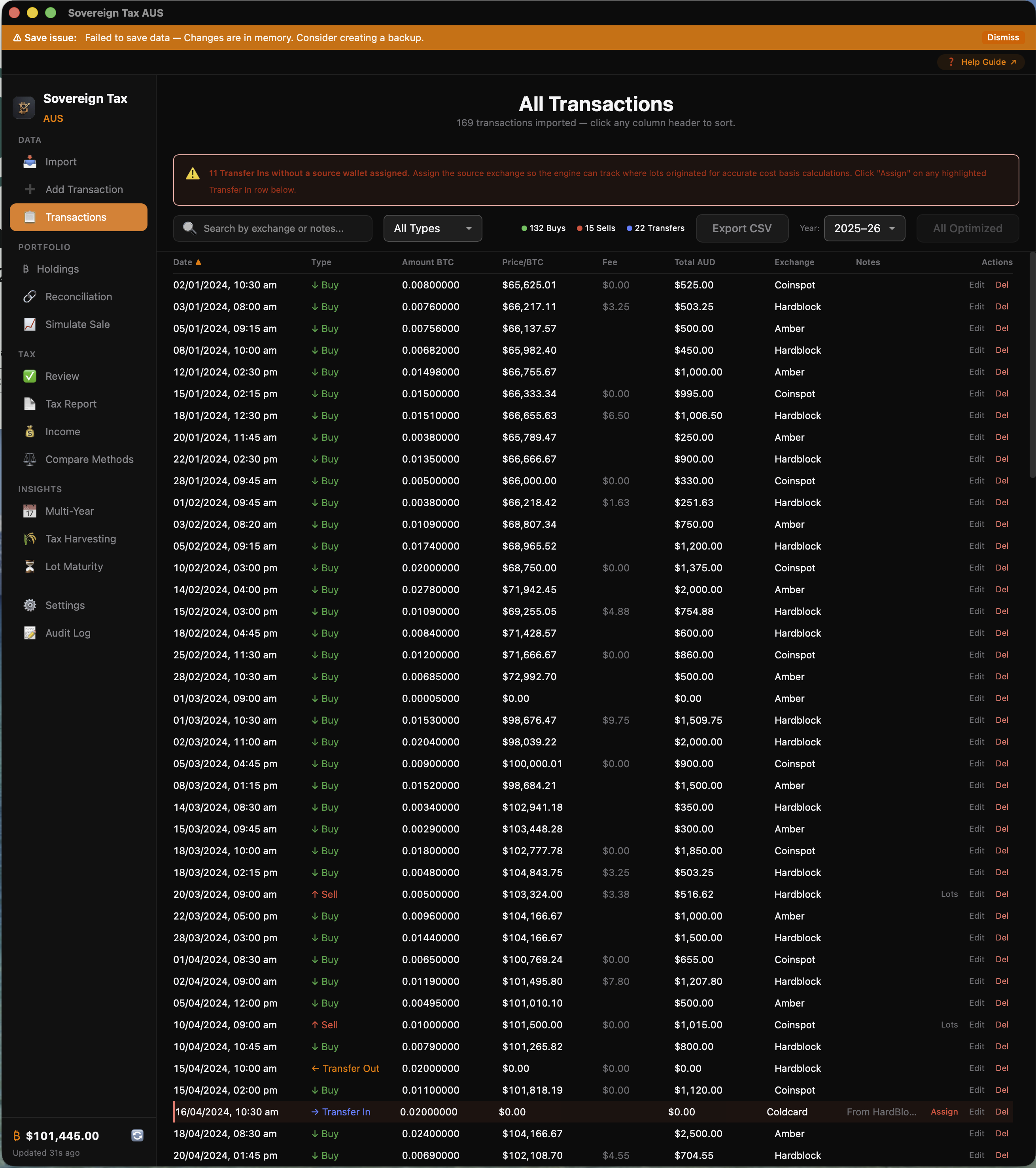 Transactions view with Optimize All, year selector, and Lots buttons